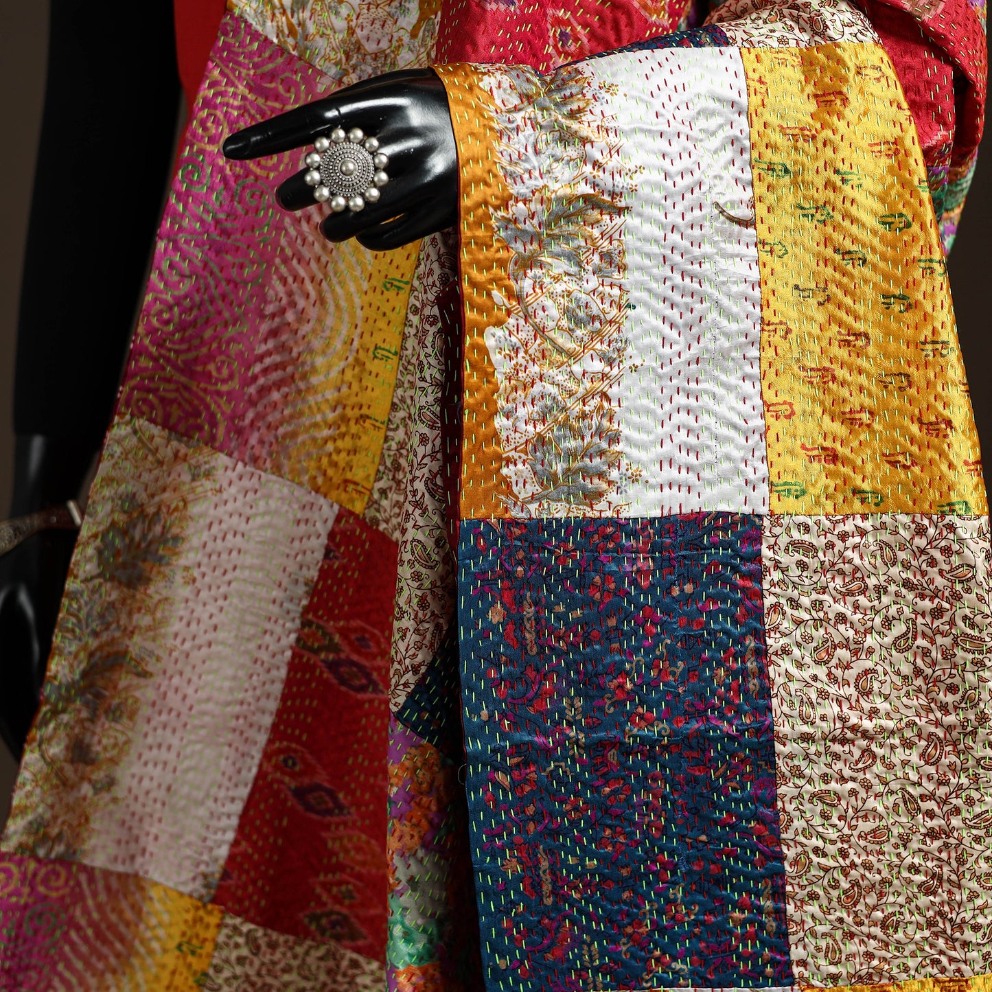 Multicolor - Bengal Hand Embroidery Patchwork Reversible Silk Kantha Dupatta 86