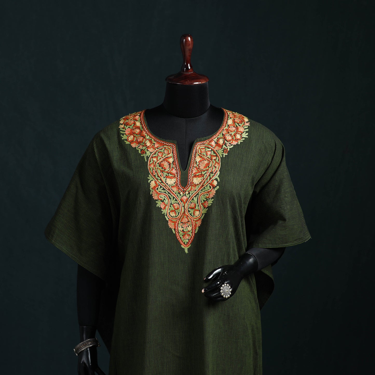 Green - Kashmiri Aari Hand Embroidered Cotton Kaftan (Long) 32