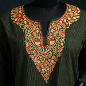 Green - Kashmiri Aari Hand Embroidered Cotton Kaftan (Long) 32