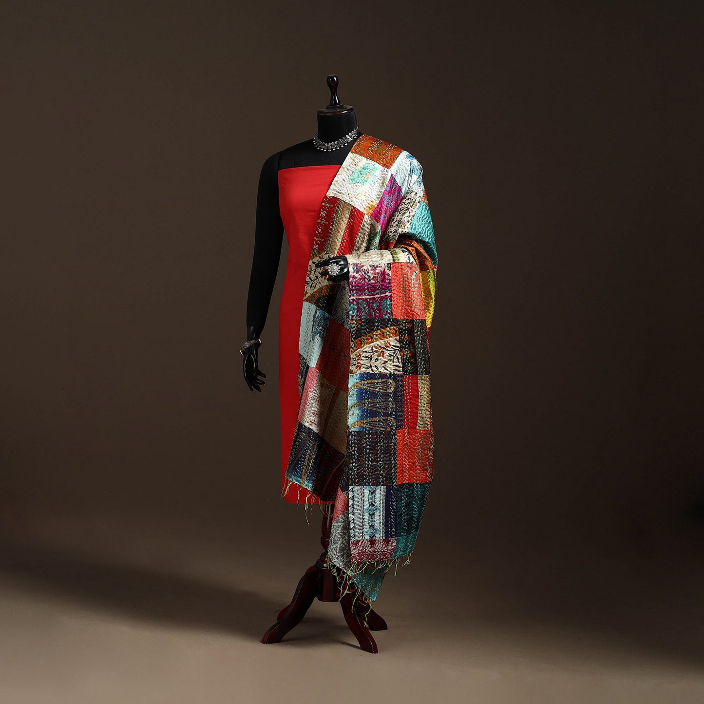 Multicolor - Bengal Hand Embroidery Patchwork Reversible Silk Kantha Dupatta 87