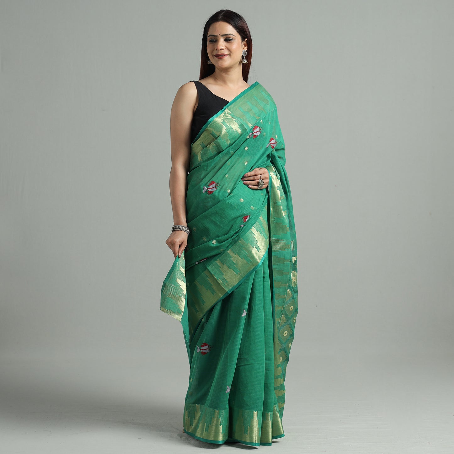 Green - Bengal Pure Cotton Zari Tant Handloom Saree 64