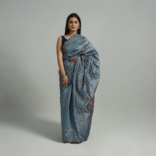 Grey - Handcrafted Bengal Nakshi Kantha Work Silk Saree 54