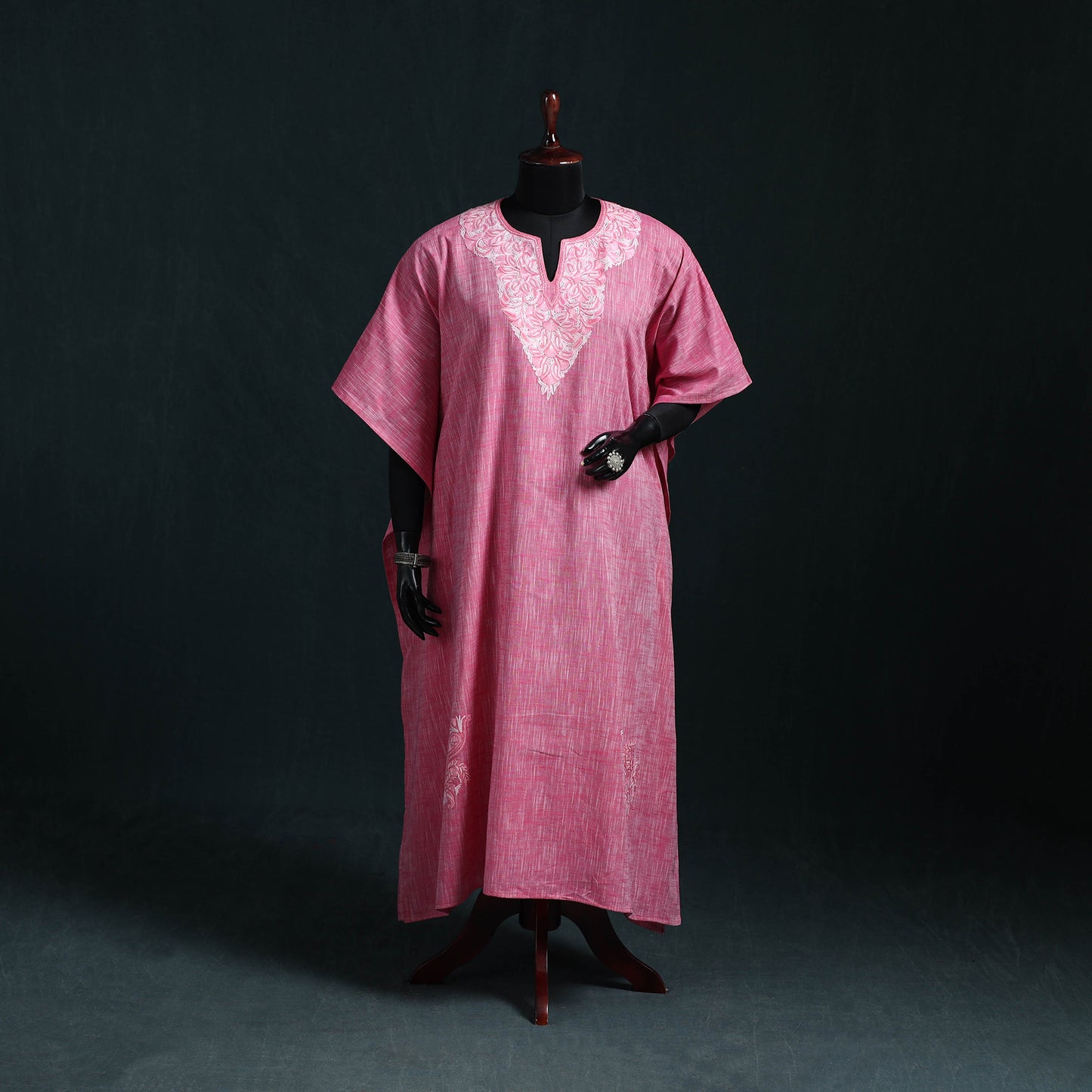 Pink - Kashmiri Aari Hand Embroidered Cotton Kaftan (Long) 33