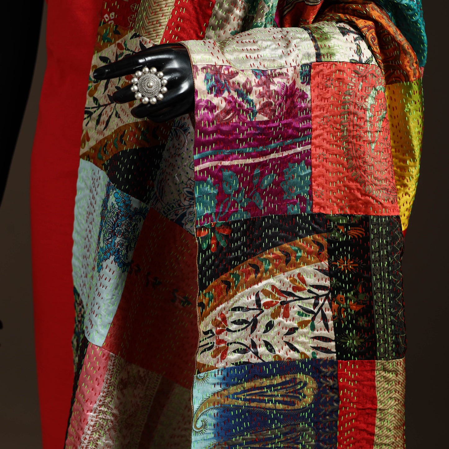 Multicolor - Bengal Hand Embroidery Patchwork Reversible Silk Kantha Dupatta 87