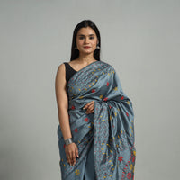 Grey - Handcrafted Bengal Nakshi Kantha Work Silk Saree 54