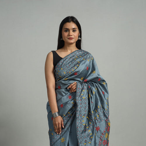 Grey - Handcrafted Bengal Nakshi Kantha Work Silk Saree 54