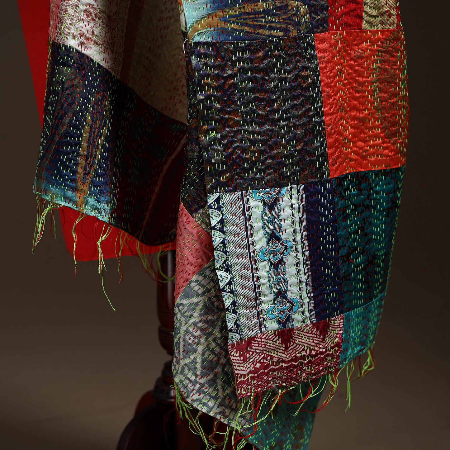 Multicolor - Bengal Hand Embroidery Patchwork Reversible Silk Kantha Dupatta 87