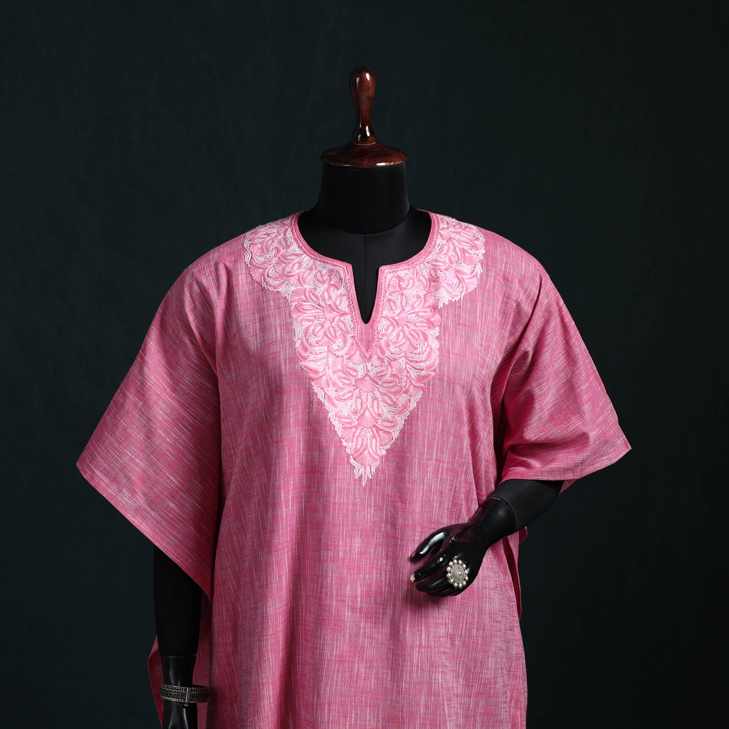 Pink - Kashmiri Aari Hand Embroidered Cotton Kaftan (Long) 33