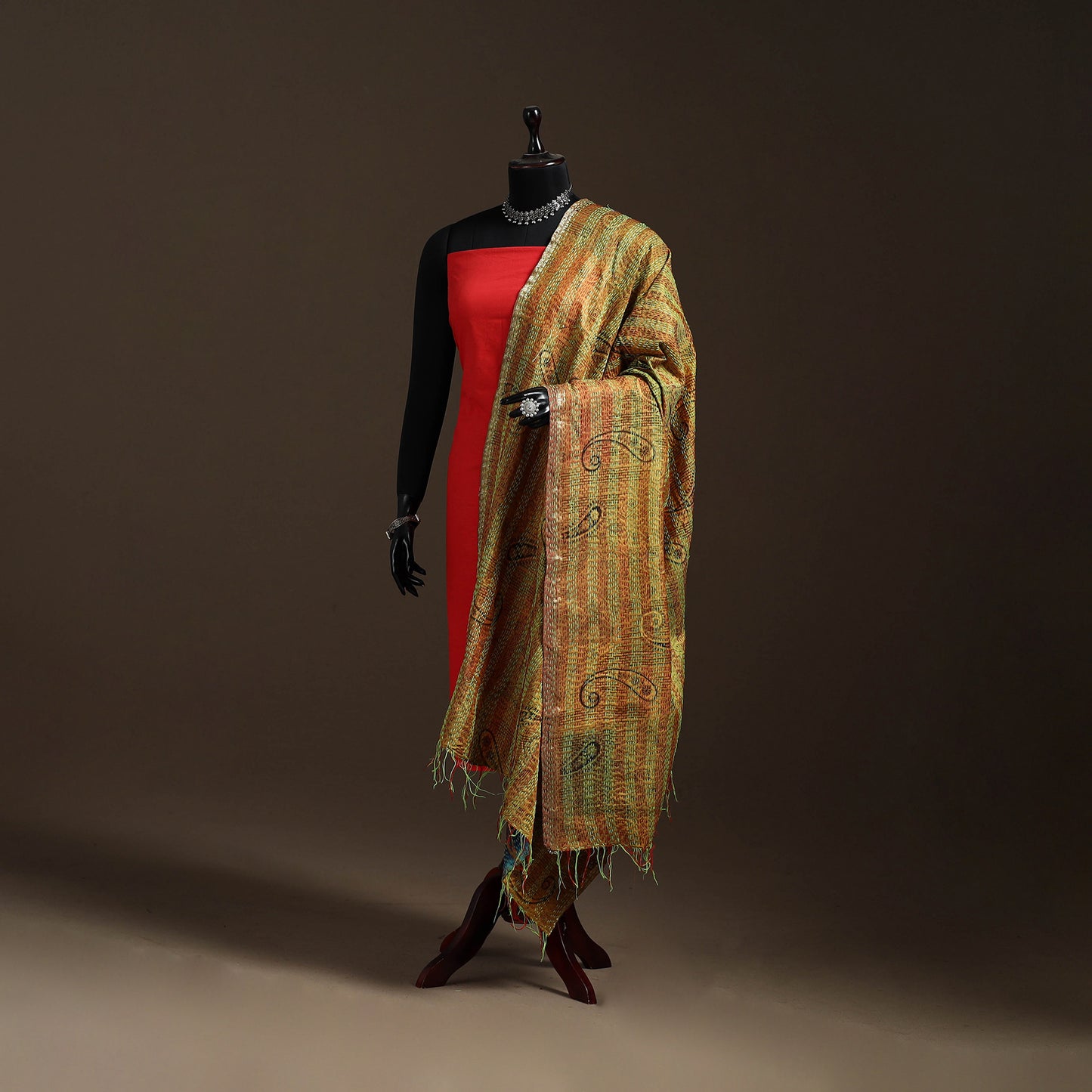 Multicolor - Bengal Hand Embroidery Patchwork Reversible Silk Kantha Dupatta 87