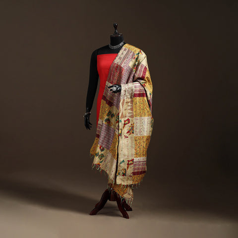 Bengal Hand Embroidery Patchwork Reversible Silk Kantha Dupatta 88