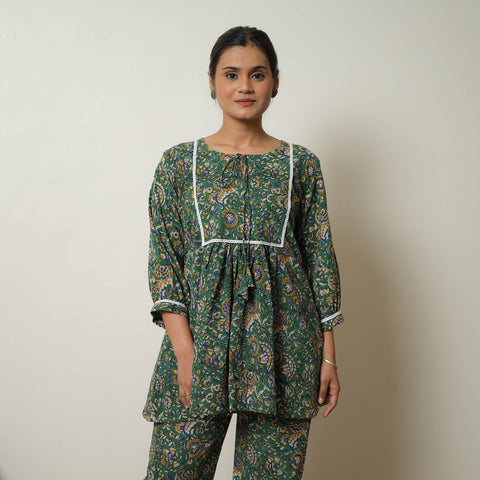  Green Block Print Cotton Bagru Co-Ord Set with Lace Work