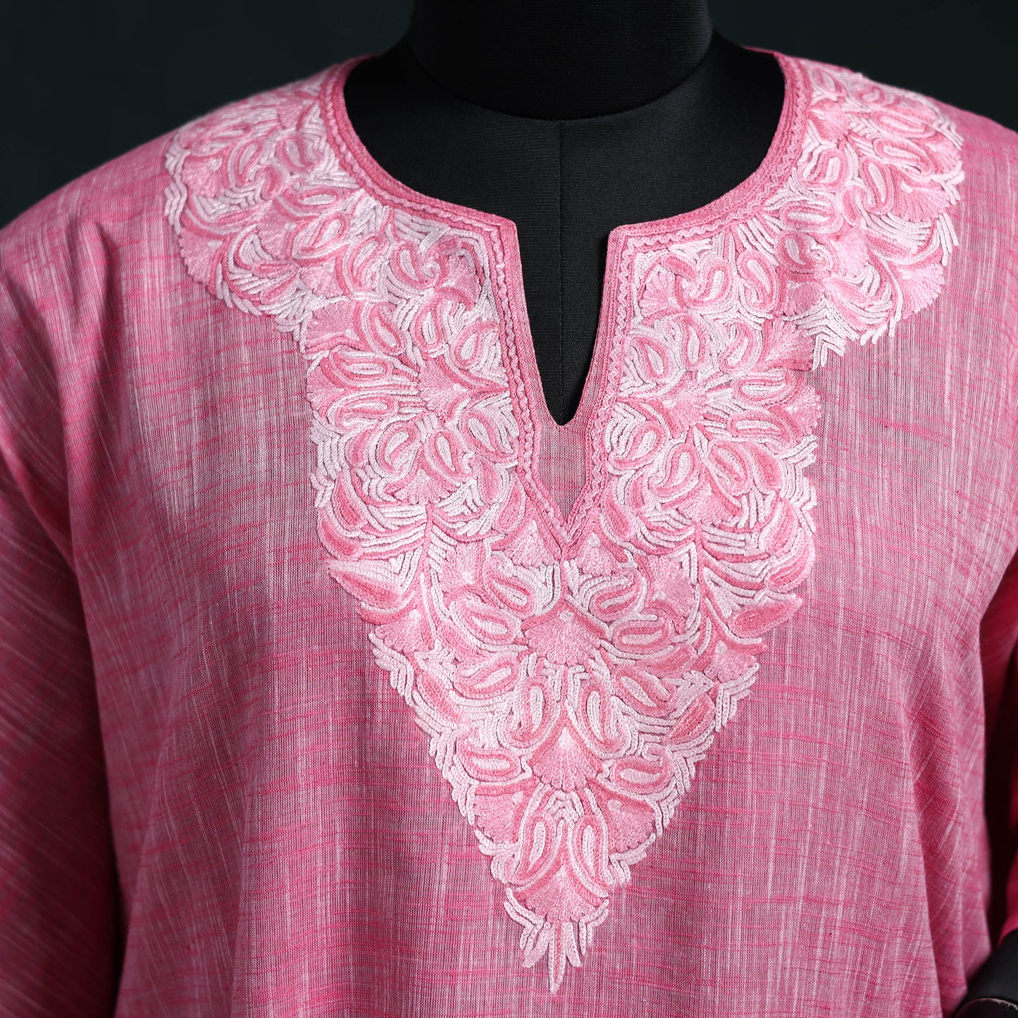 Pink - Kashmiri Aari Hand Embroidered Cotton Kaftan (Long) 33