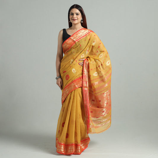 Yellow - Bengal Pure Cotton Zari Tant Handloom Saree 65