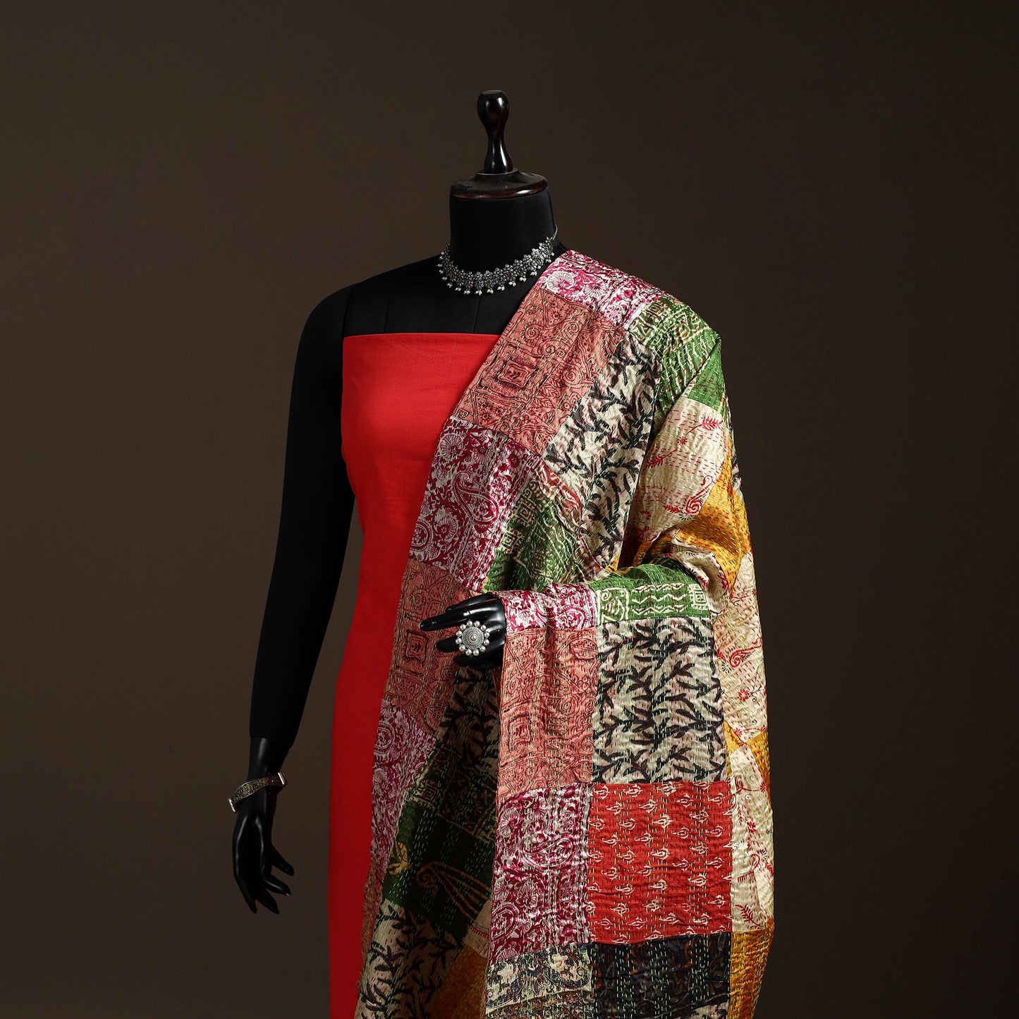 Bengal Hand Embroidery Patchwork Reversible Silk Kantha Dupatta 89