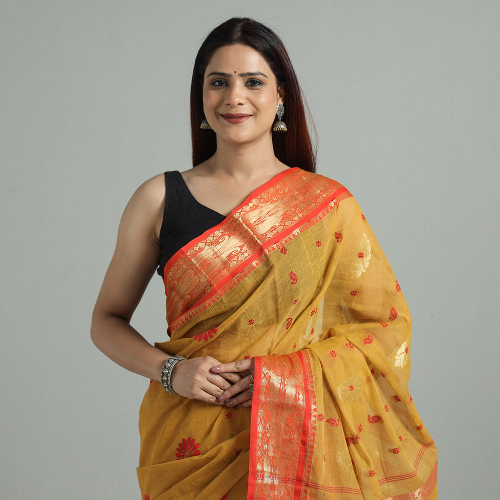 Yellow - Bengal Pure Cotton Zari Tant Handloom Saree 65