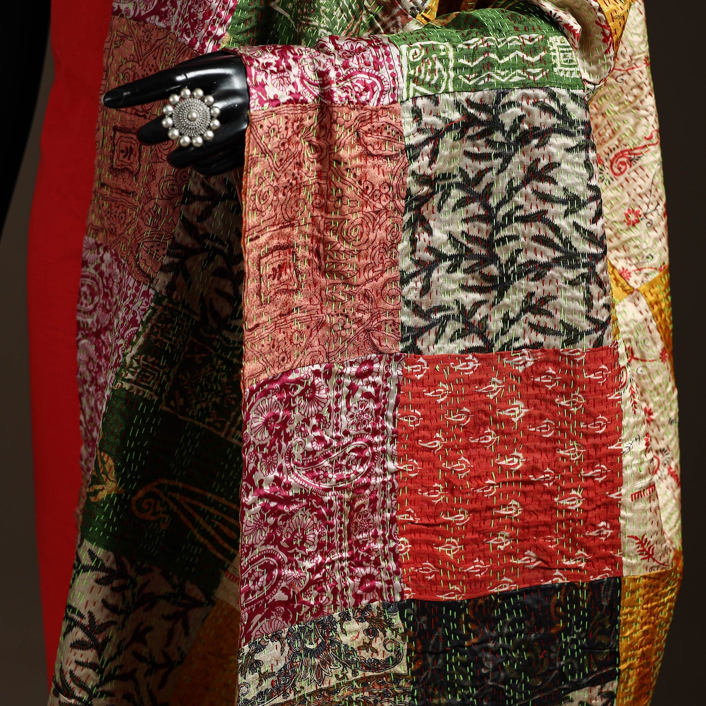 Bengal Hand Embroidery Patchwork Reversible Silk Kantha Dupatta 89