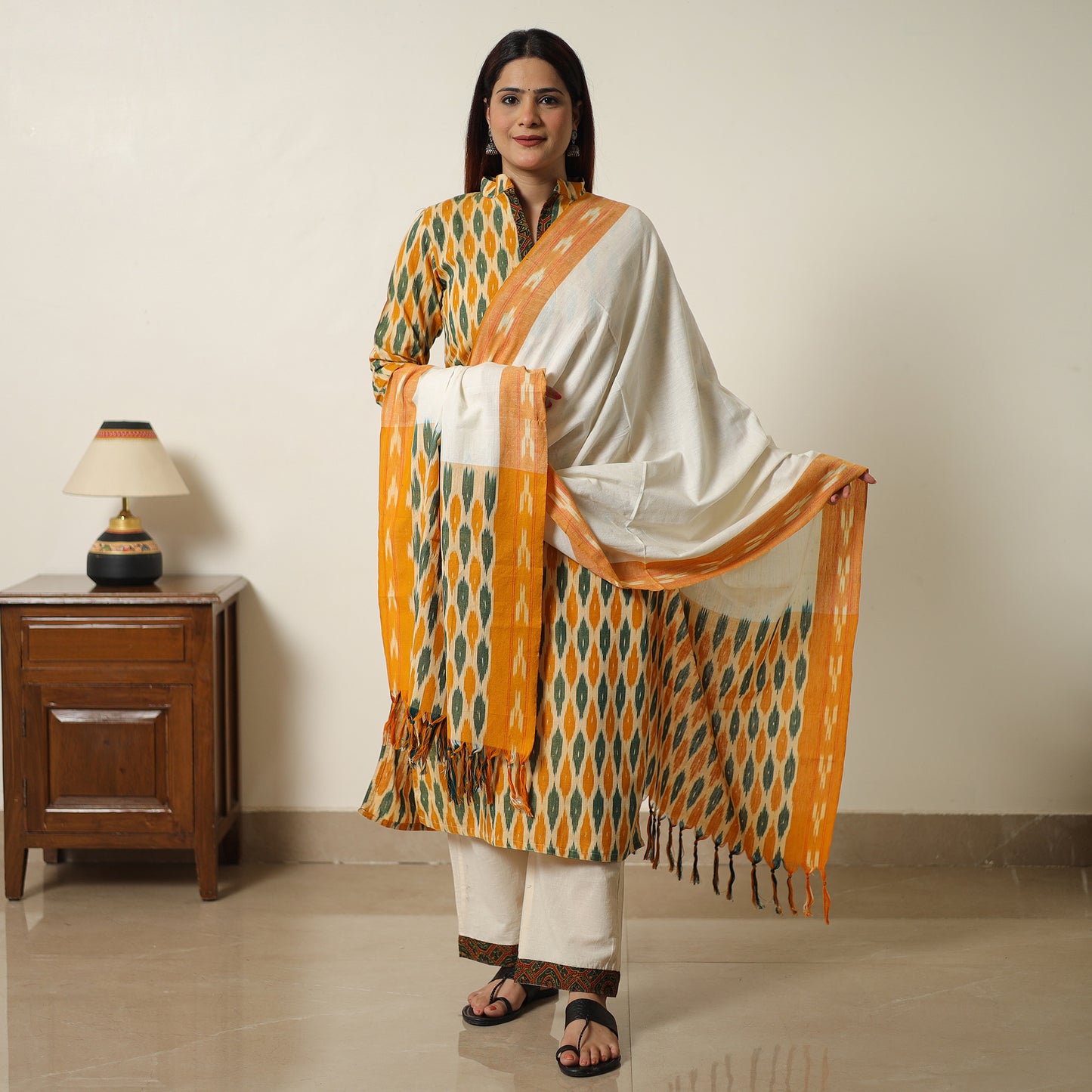 Yellow - Pochampally Ikat Weave Cotton Kurta with Palazzo & Dupatta Set 05