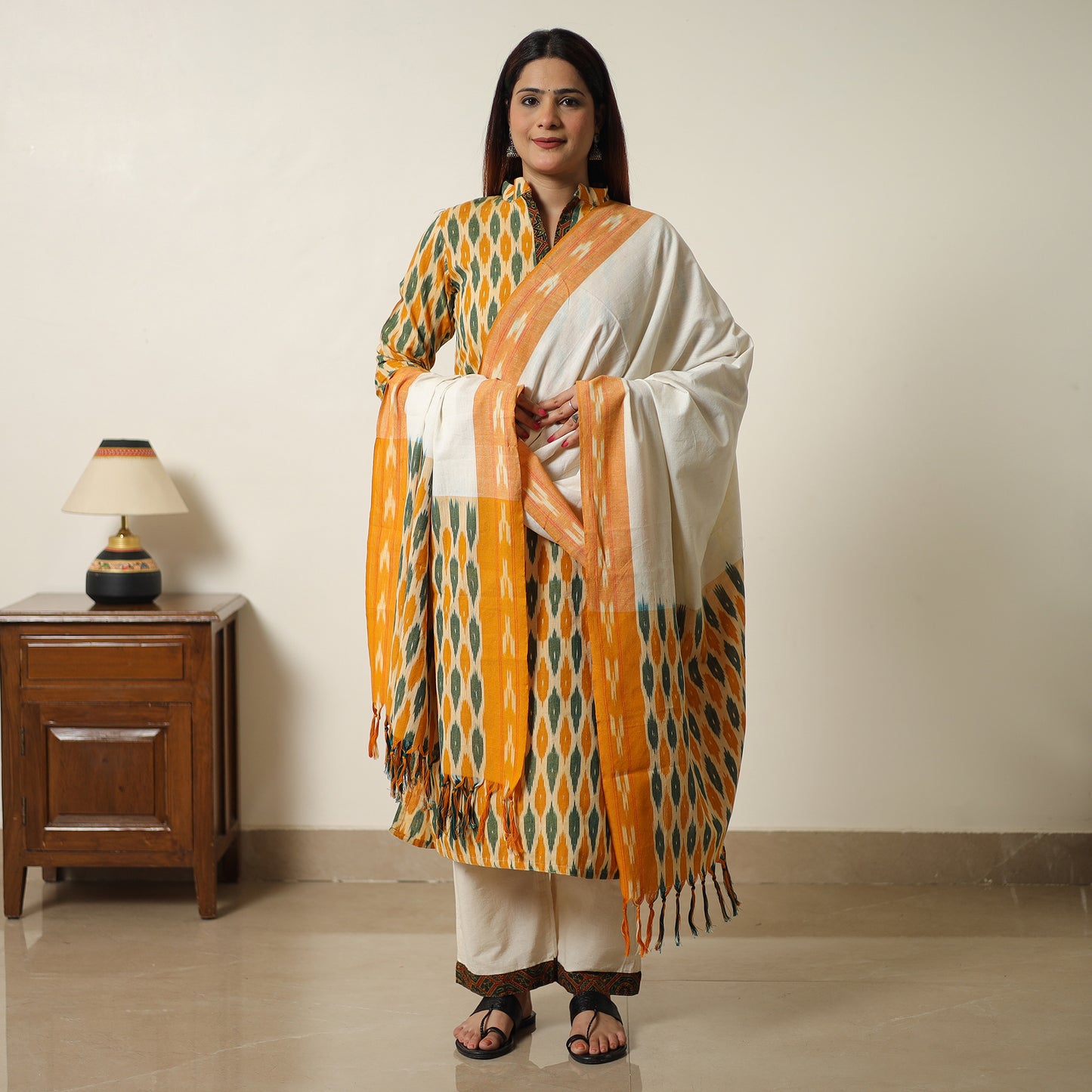 Yellow - Pochampally Ikat Weave Cotton Kurta with Palazzo & Dupatta Set 05