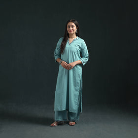 Blue - plain banana fiber soft cotton bead work straight kurta with palazzo set for women