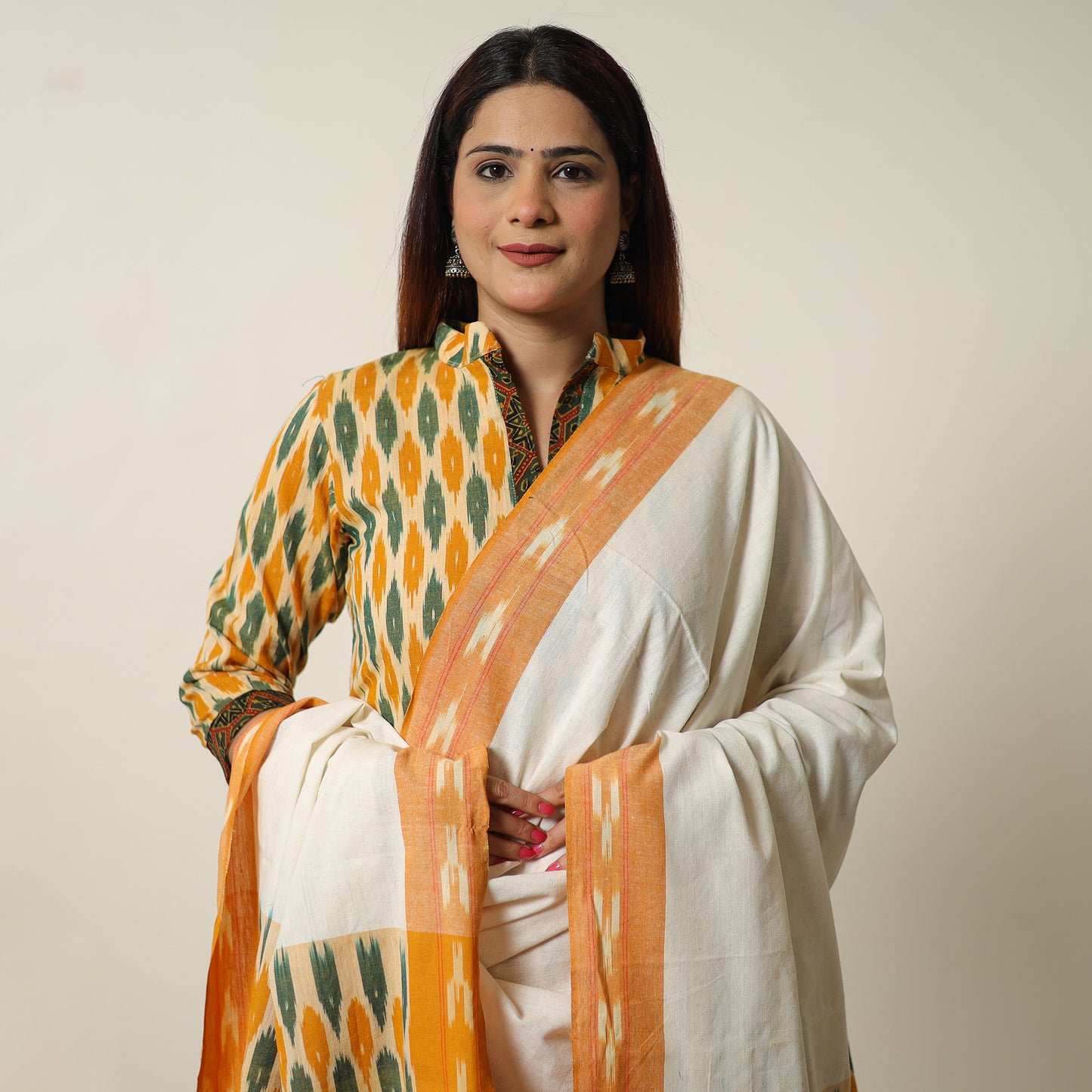 Yellow - Pochampally Ikat Weave Cotton Kurta with Palazzo & Dupatta Set 05