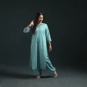 Blue - plain banana fiber soft cotton bead work straight kurta with palazzo set for women