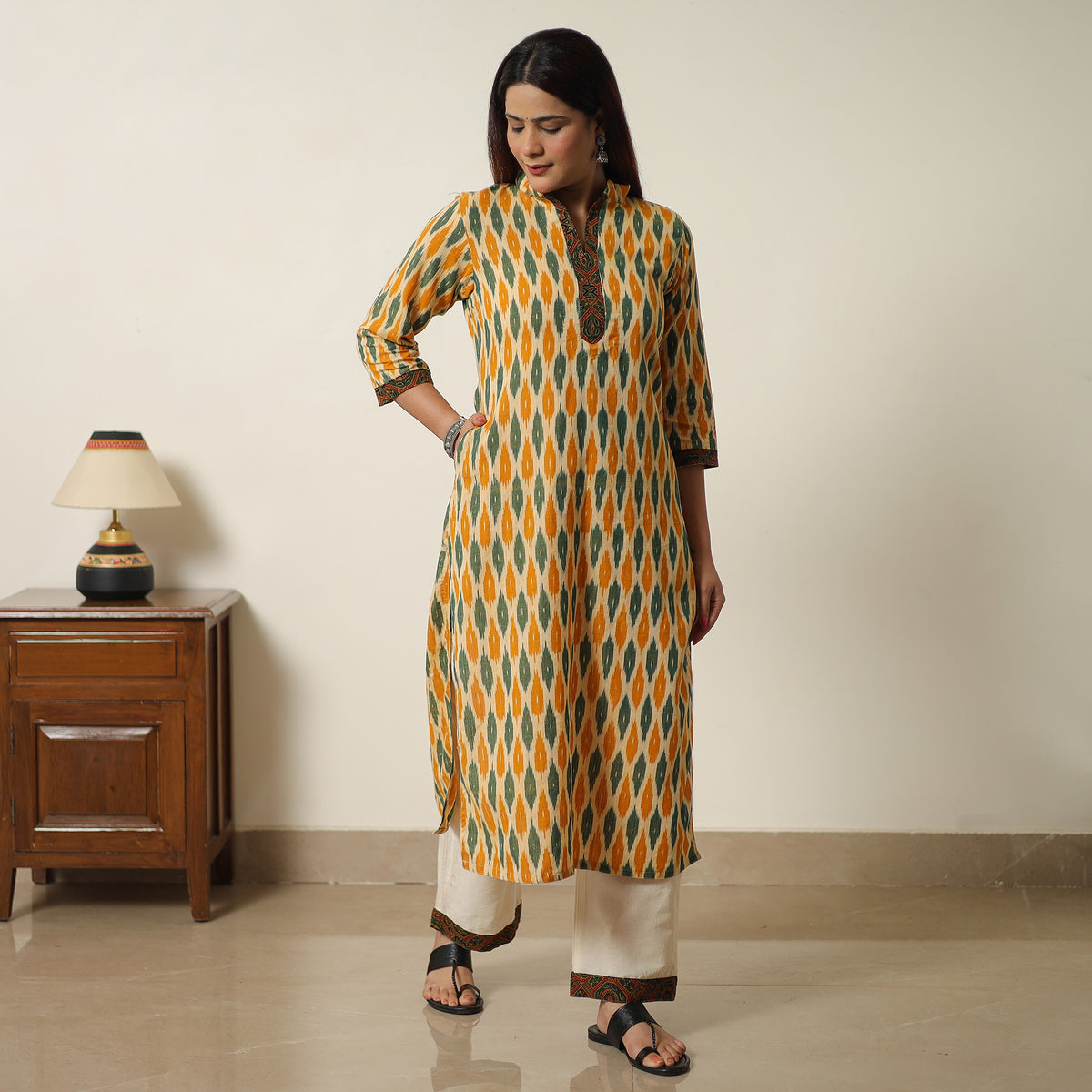 Yellow - Pochampally Ikat Weave Cotton Kurta with Palazzo & Dupatta Set 05