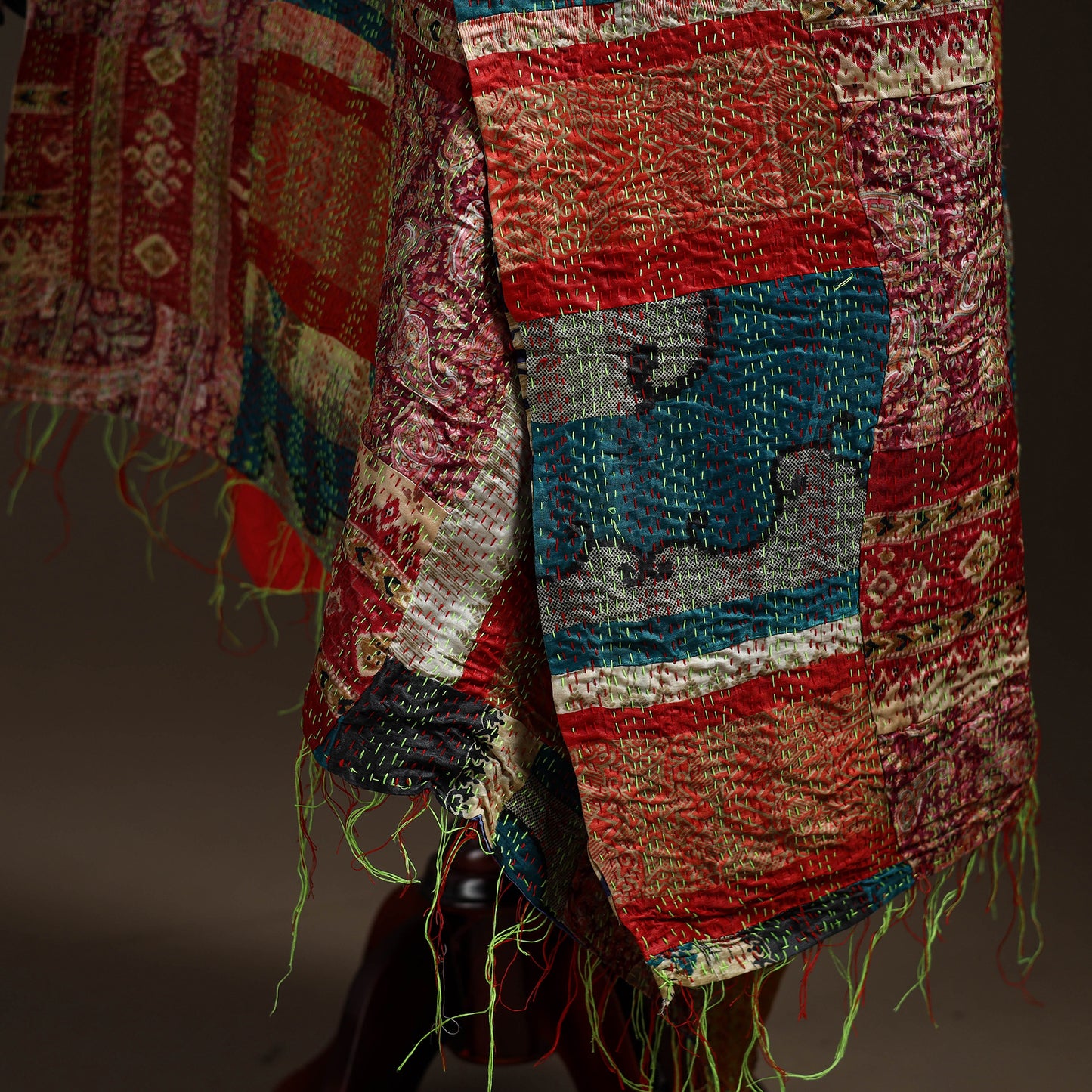 Bengal Hand Embroidery Patchwork Reversible Silk Kantha Dupatta 90