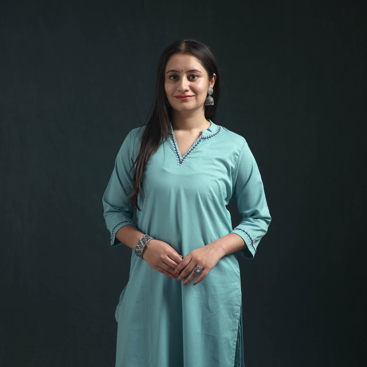 Blue - plain banana fiber soft cotton bead work straight kurta with palazzo set for women