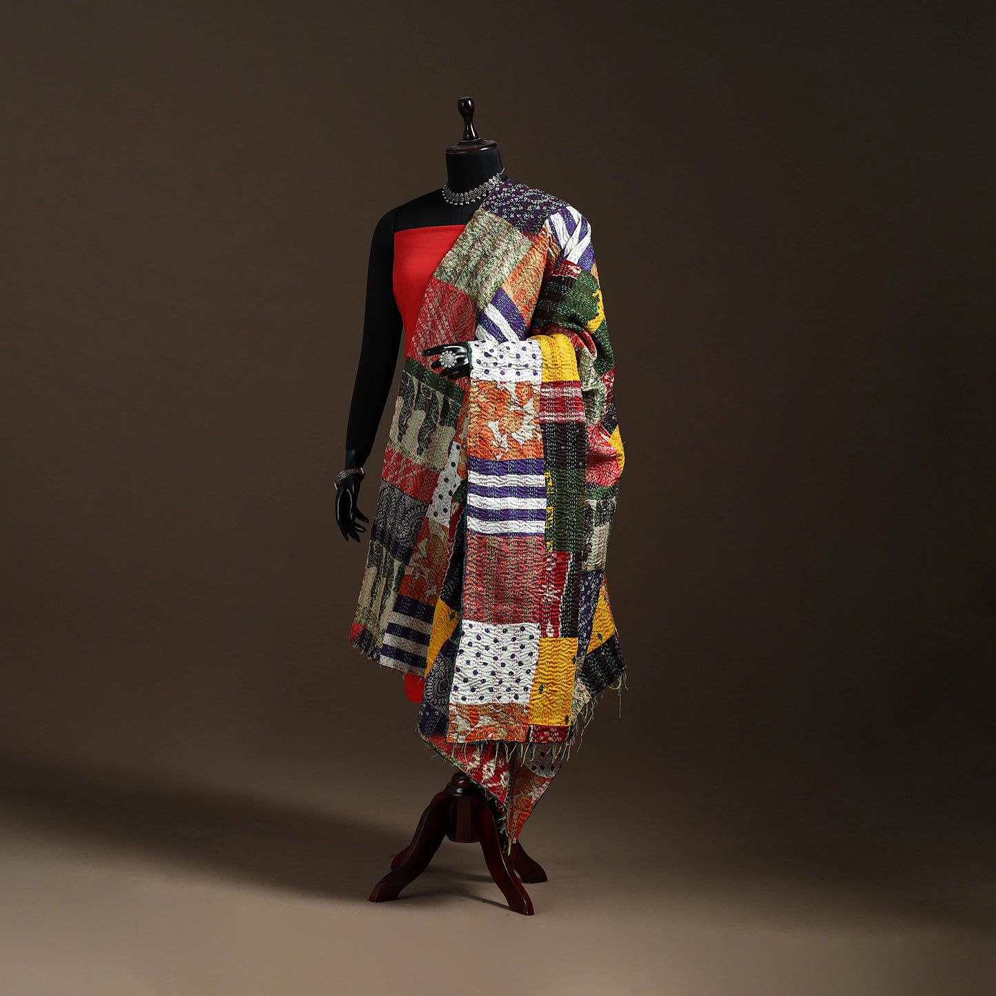 Multicolor - Bengal Hand Embroidery Patchwork Reversible Silk Kantha Dupatta 91