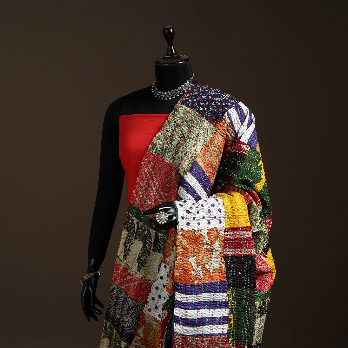 Multicolor - Bengal Hand Embroidery Patchwork Reversible Silk Kantha Dupatta 91