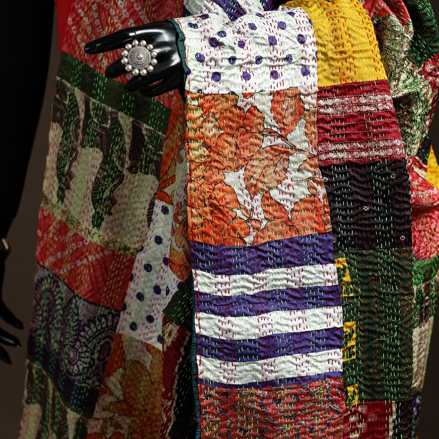 Multicolor - Bengal Hand Embroidery Patchwork Reversible Silk Kantha Dupatta 91