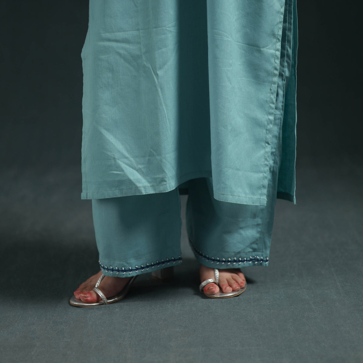 Blue - plain banana fiber soft cotton bead work straight kurta with palazzo set for women