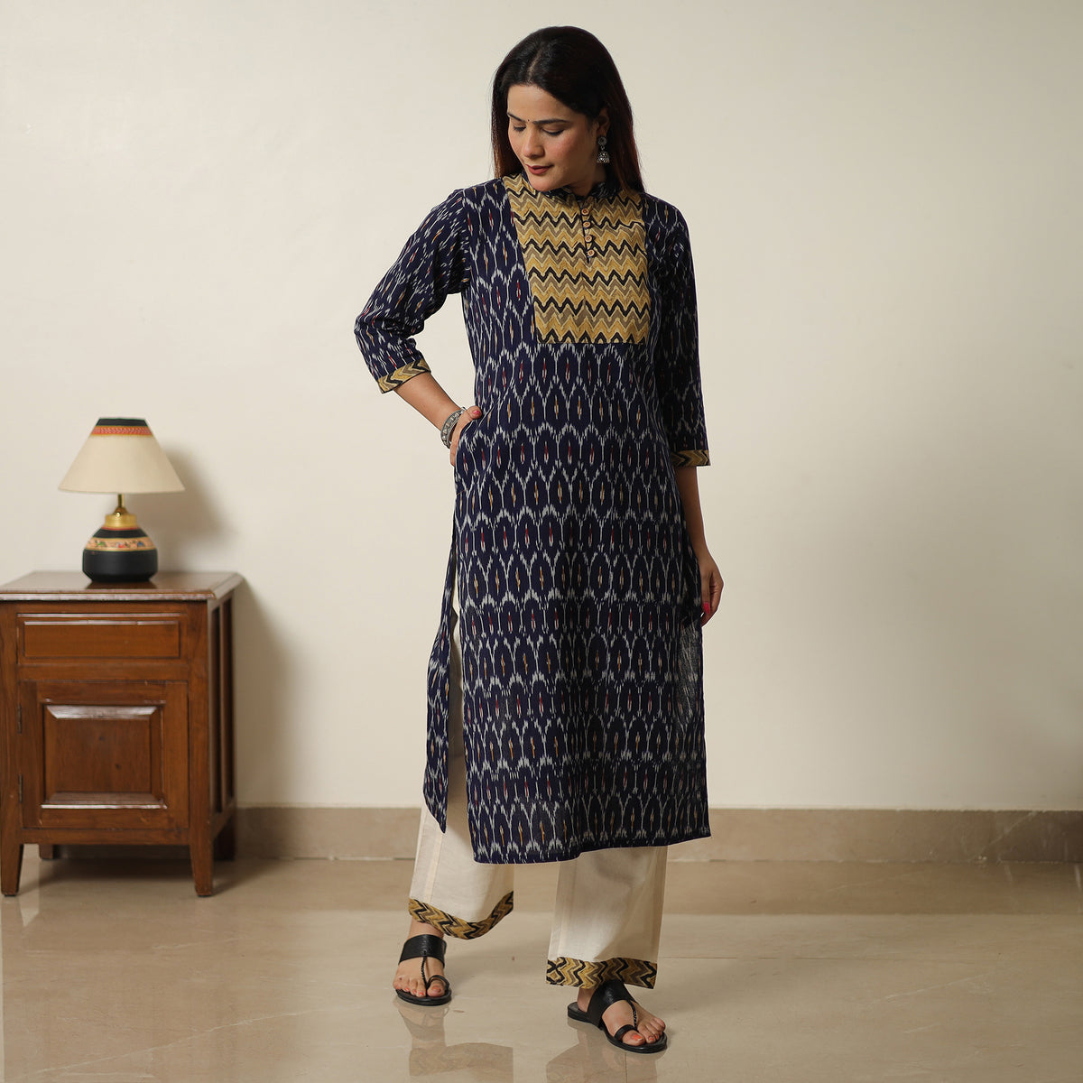 Black - Pochampally Ikat Weave Cotton Kurta with Palazzo & Dupatta Set 01