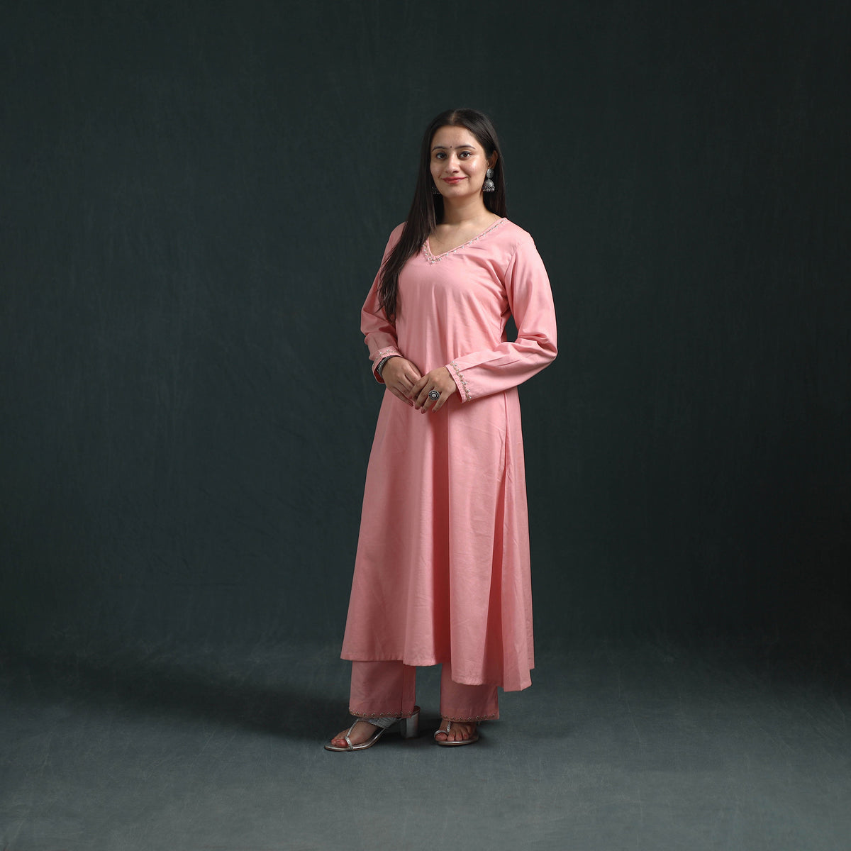 Pink - plain banana fiber soft cotton bead work a-line kurta with palazzo set for women