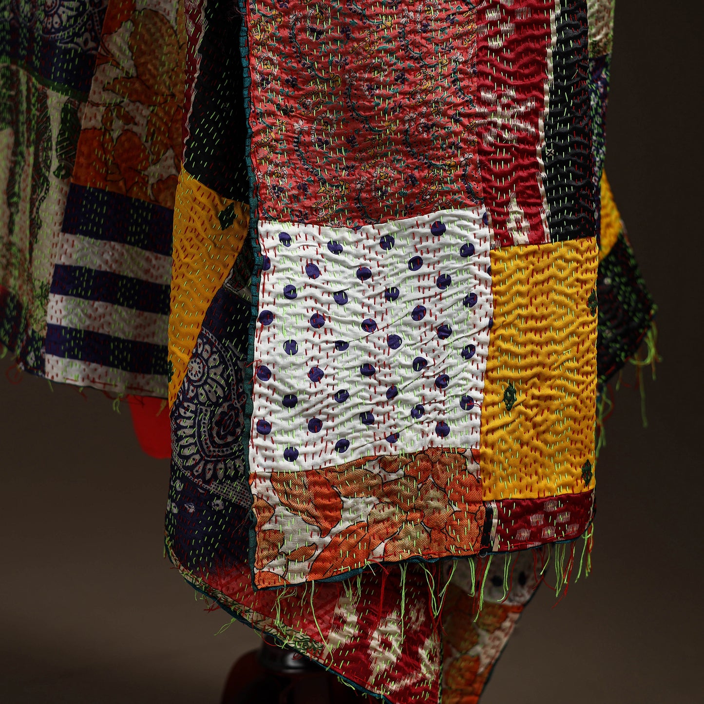 Multicolor - Bengal Hand Embroidery Patchwork Reversible Silk Kantha Dupatta 91