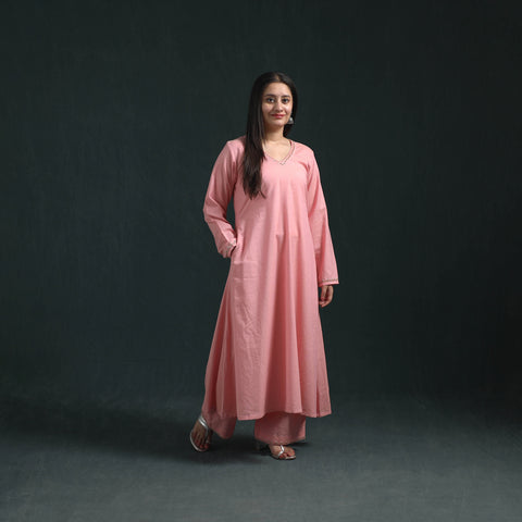 Pink - Plain Banana Fiber Soft Cotton Bead Work A-Line Kurta with Palazzo Set for women 10