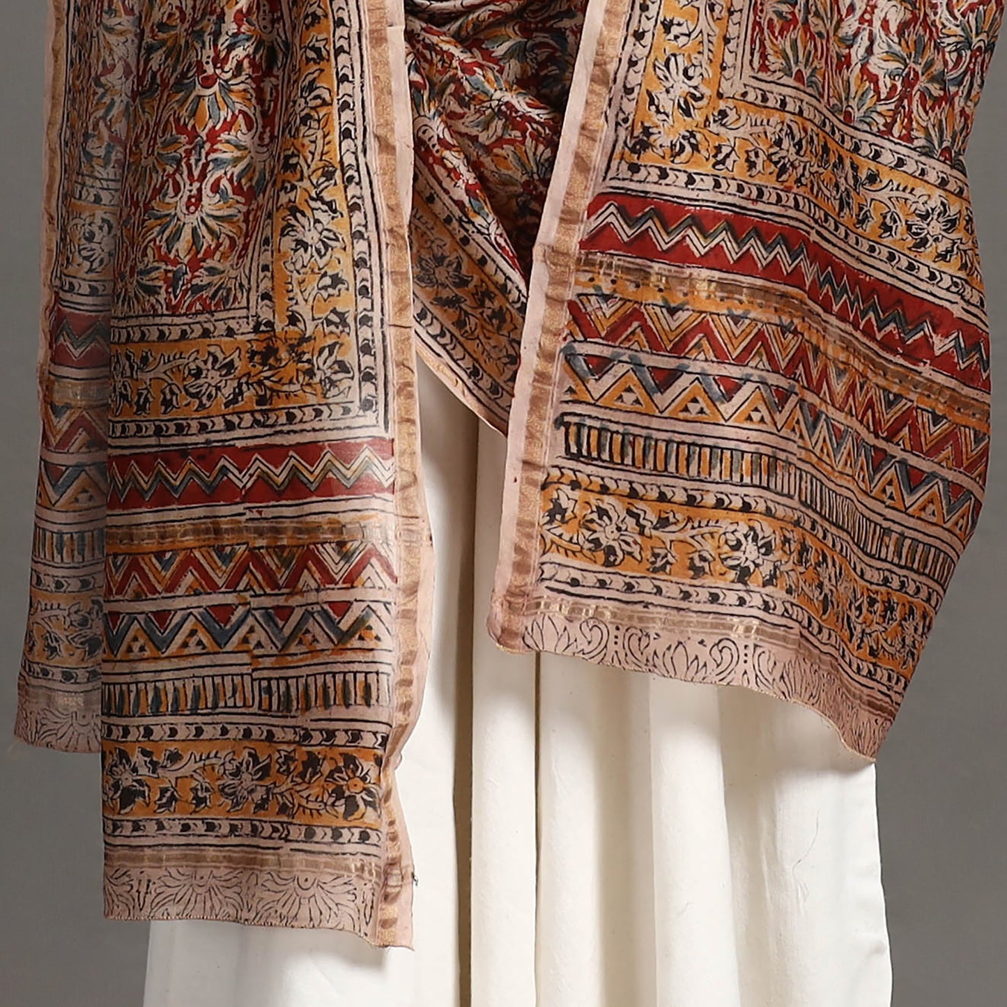 Multicolor Pedana Block Print Chanderi Silk Kalamkari Dupatta