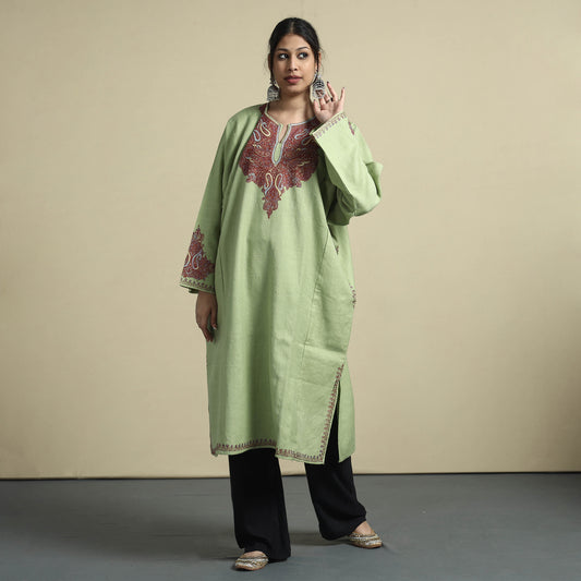 Green - Sozni Embroidery Kashmiri Merino Wool Pheran