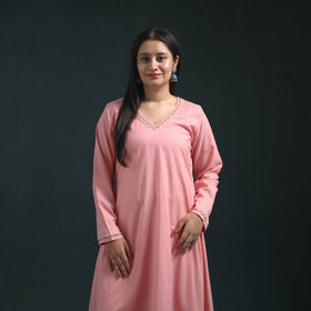 Pink - plain banana fiber soft cotton bead work a-line kurta with palazzo set for women