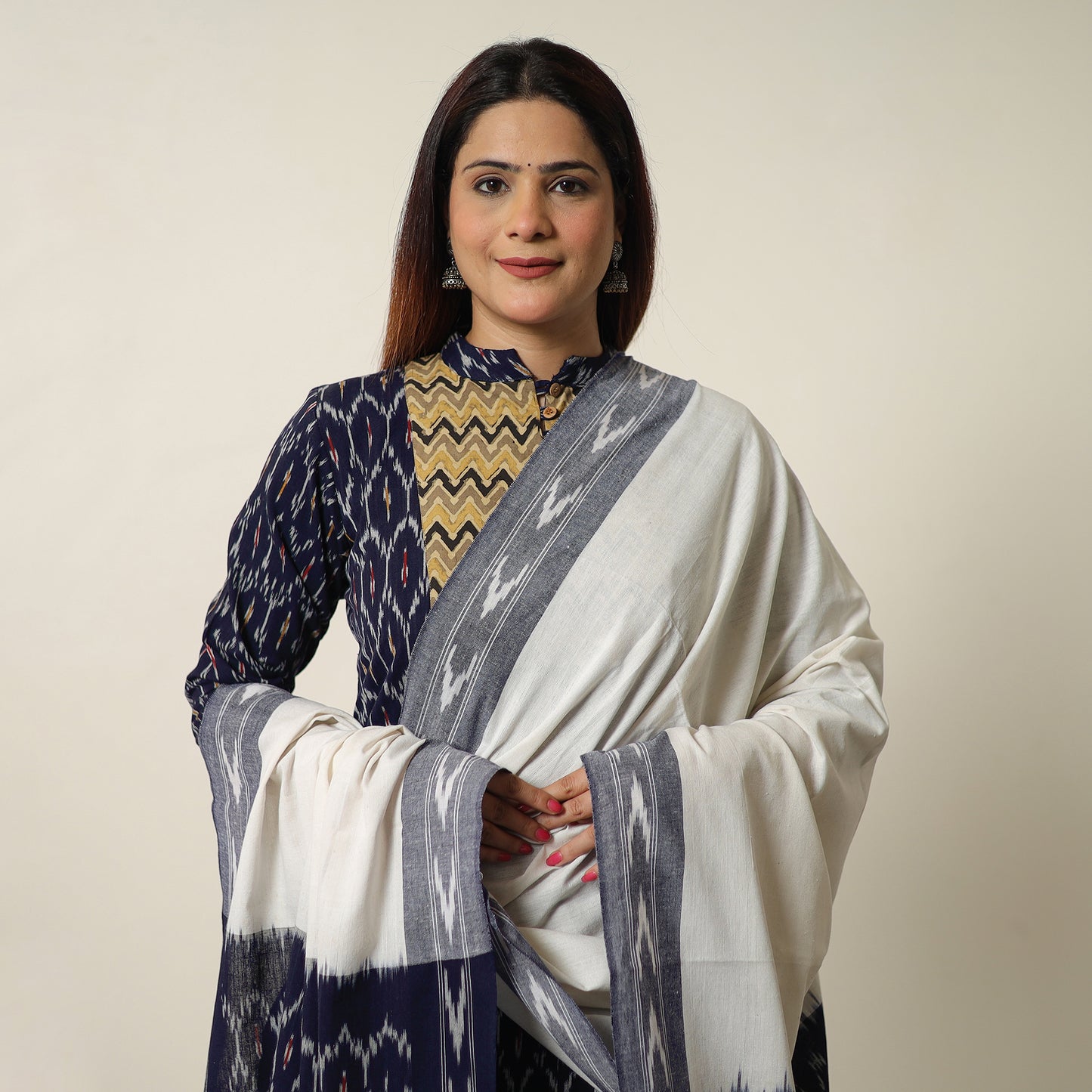 Black - Pochampally Ikat Weave Cotton Kurta with Palazzo & Dupatta Set 01