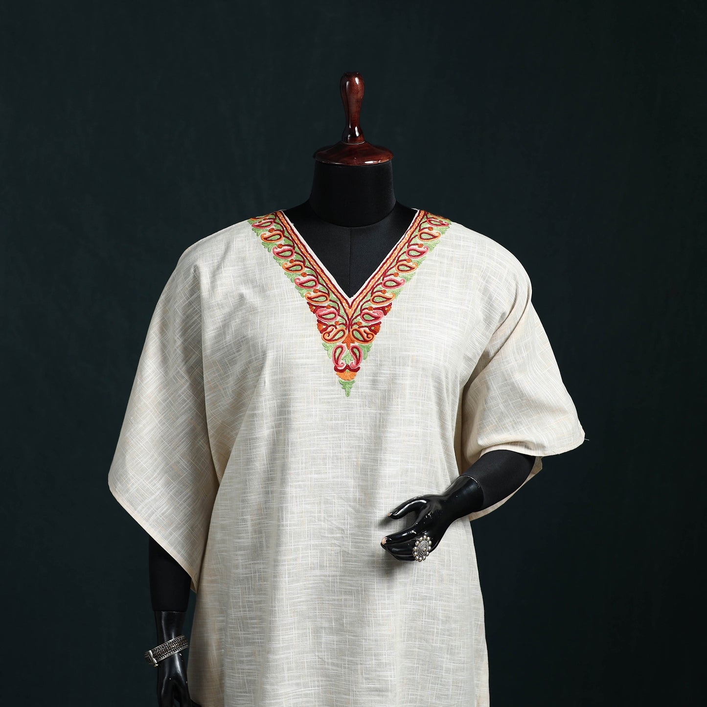 White - Kashmiri Aari Hand Embroidered Cotton Kaftan (Long) 36