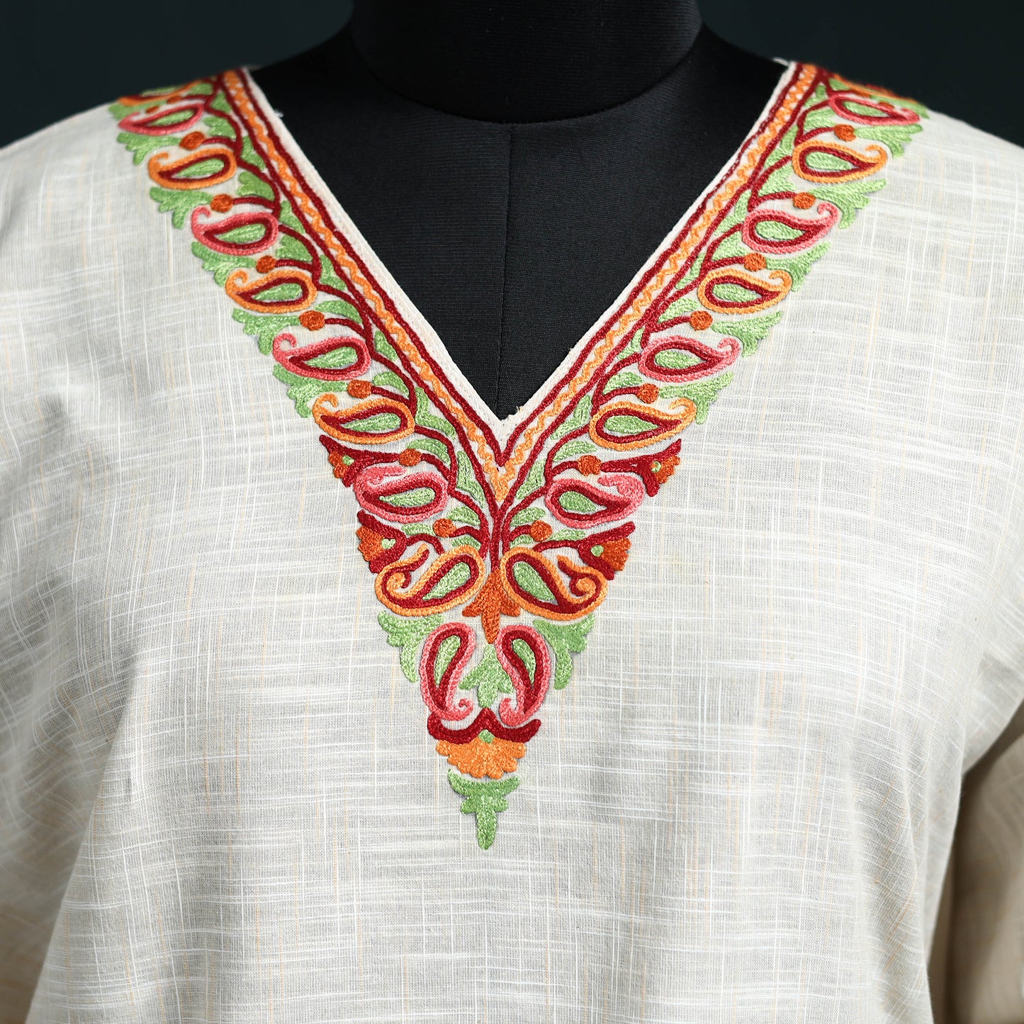 White - Kashmiri Aari Hand Embroidered Cotton Kaftan (Long) 36