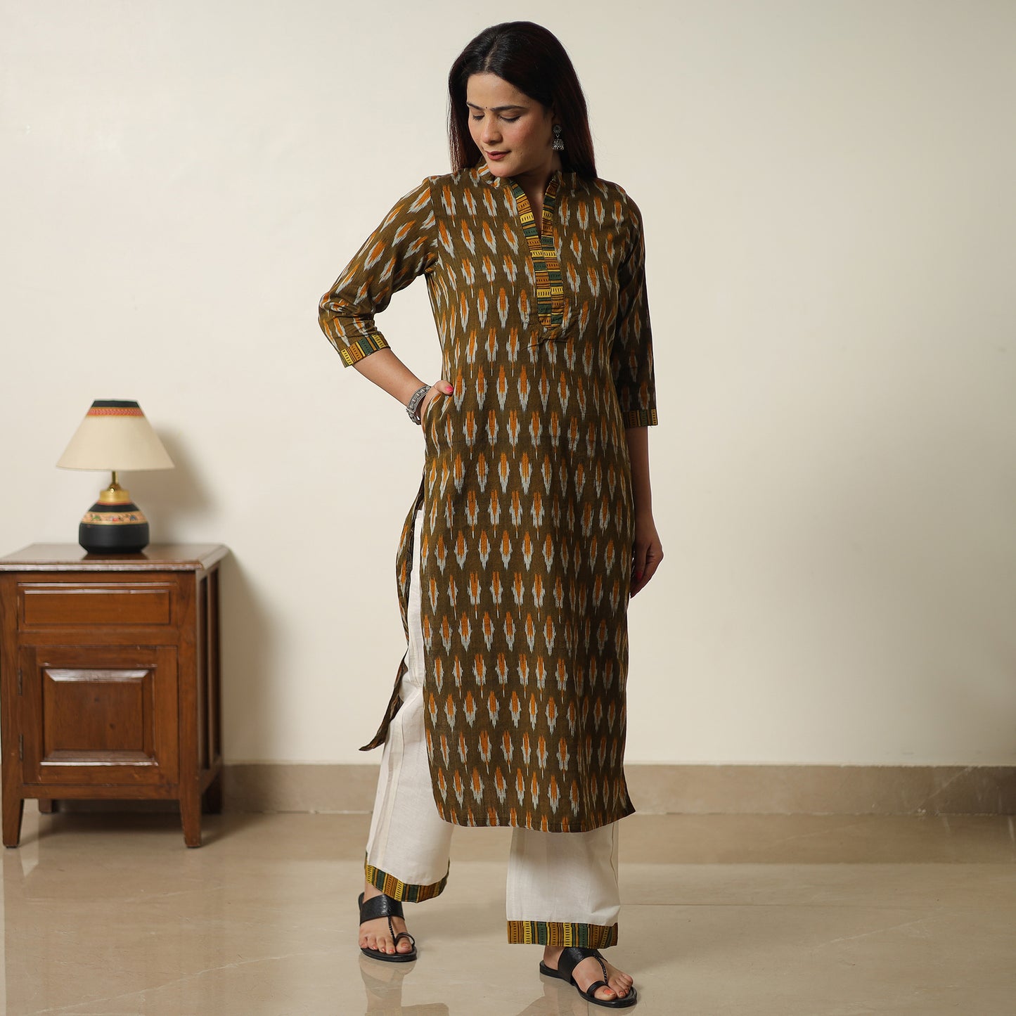 Brown - Pochampally Ikat Weave Cotton Kurta with Palazzo & Dupatta Set 08