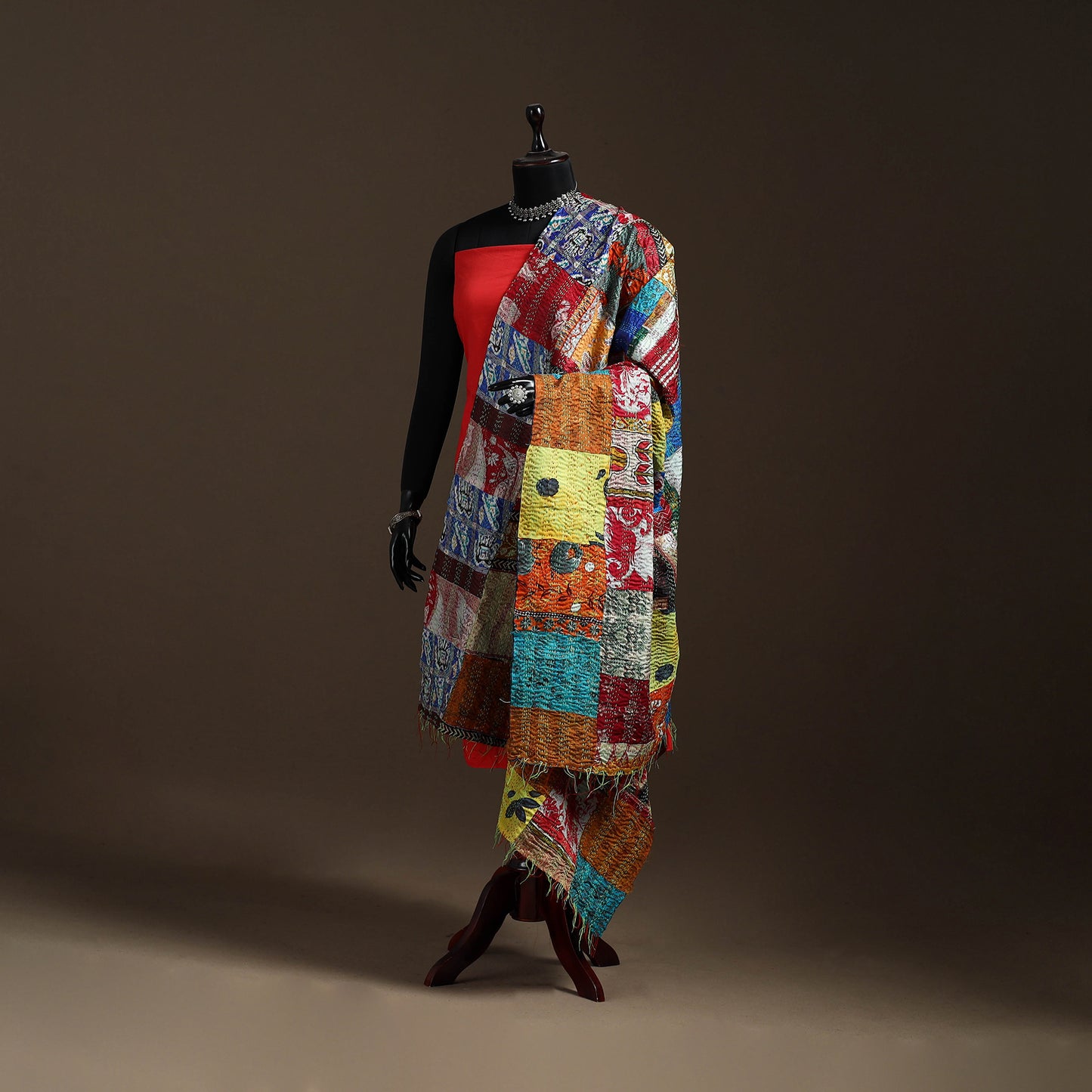 Multicolor - Bengal Hand Embroidery Patchwork Reversible Silk Kantha Dupatta 93