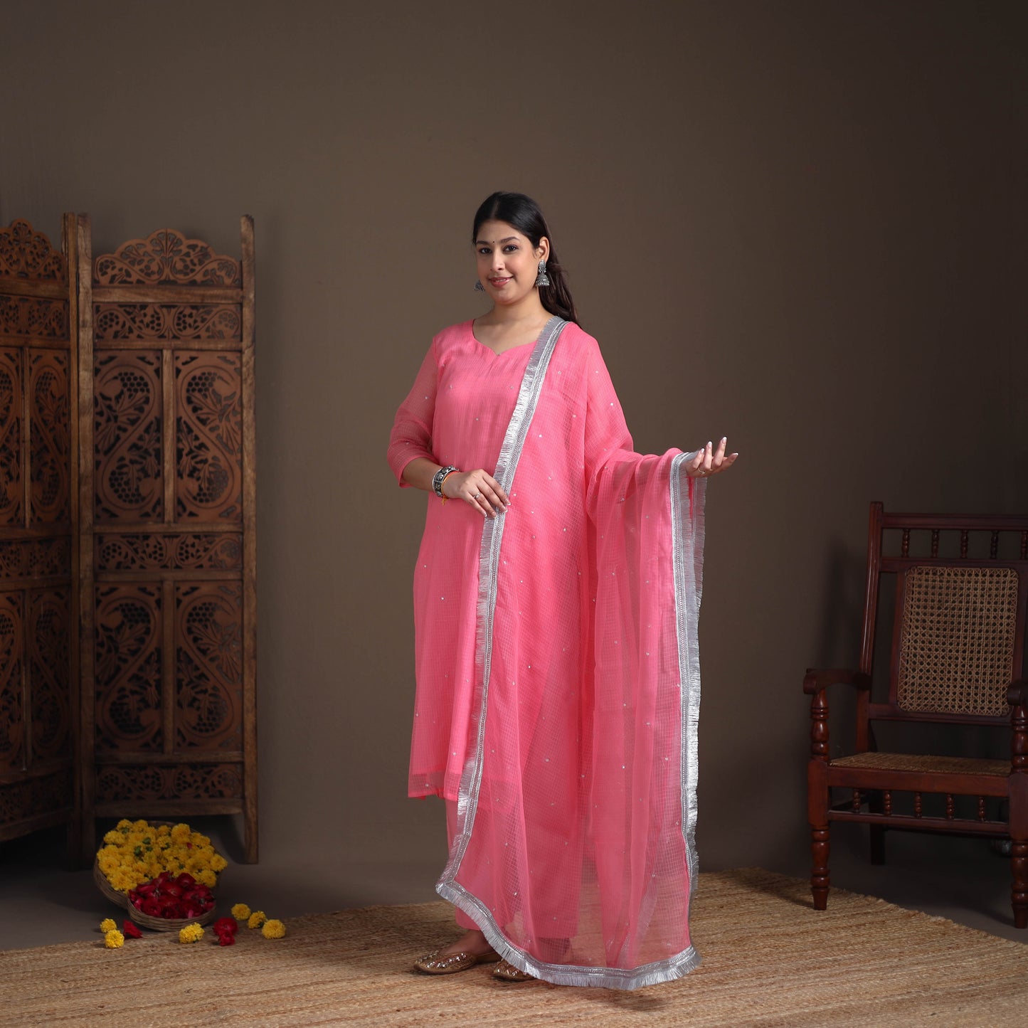 Sequin Work Plain Kota Doria Cotton Suit Set with Lace Work Dupatta for Women 06