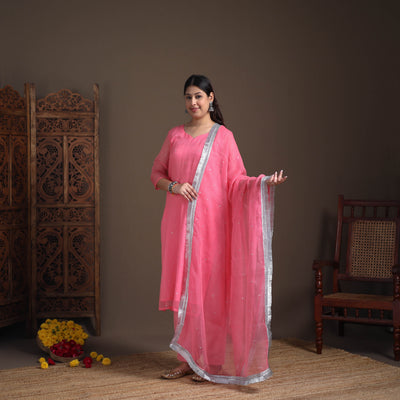 Sequin Work Plain Kota Doria Cotton Suit Set with Lace Work Dupatta for Women 06