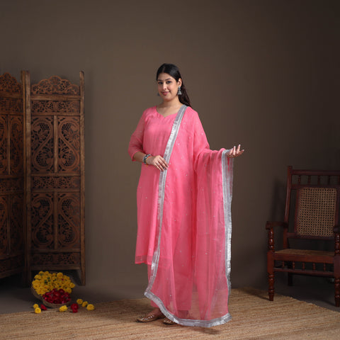 Sequin Work Plain Kota Doria Cotton Suit Set with Lace Work Dupatta for Women 06