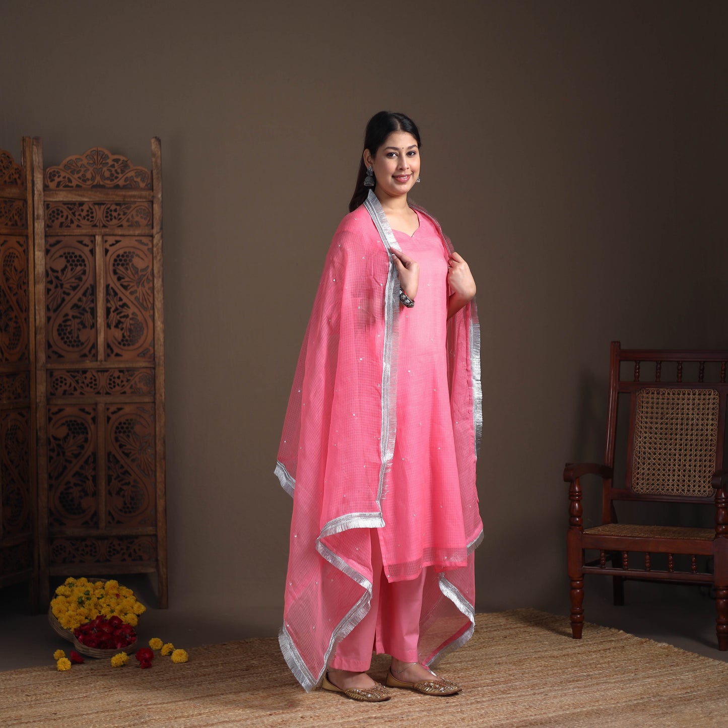 Sequin Work Plain Kota Doria Cotton Suit Set with Lace Work Dupatta for Women 06