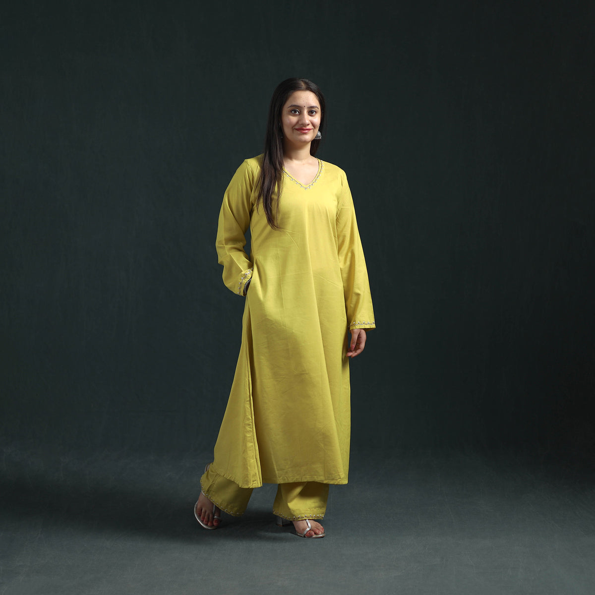 Yellow - plain banana fiber soft cotton bead work a-line kurta with palazzo set for women