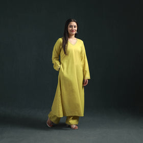 Yellow - plain banana fiber soft cotton bead work a-line kurta with palazzo set for women